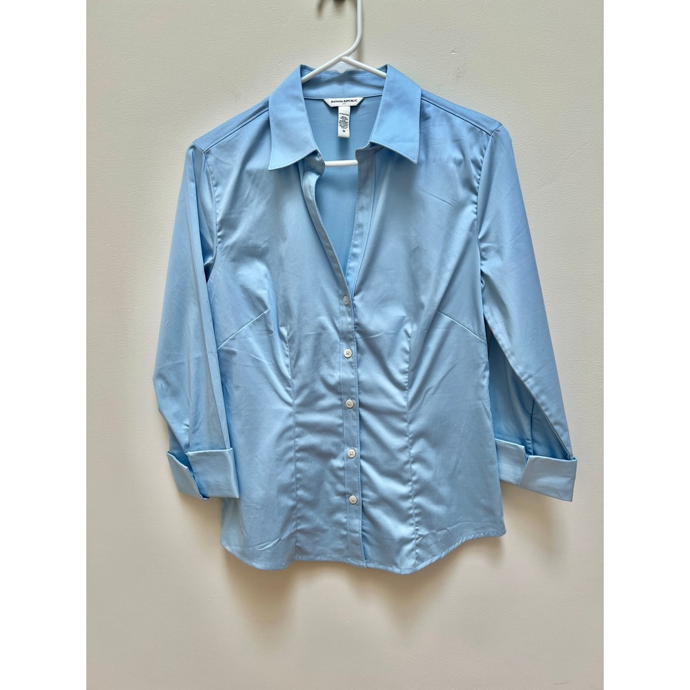 BR Women's Button Up M Blue Stretch 3/4 Sleeve Tailored Work Blouse Capsule